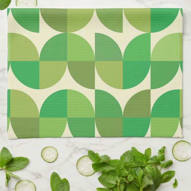 Retro Mid century Modern Green Geometric pattern   Kitchen Towel (Folded)