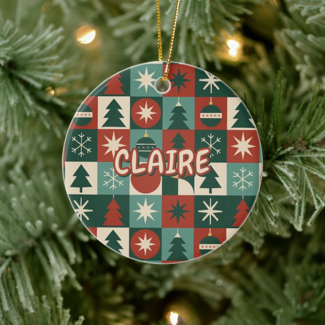 Retro Mid Century Modern Holiday Checkered Ceramic Ornament (Tree)