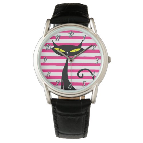 Retro Mid Century Modern MCM Black Cat Pink Stripe Watch