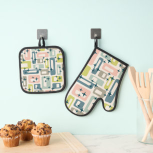 Retro Mid Century Modern Oven Mitt & Pot Holder Set