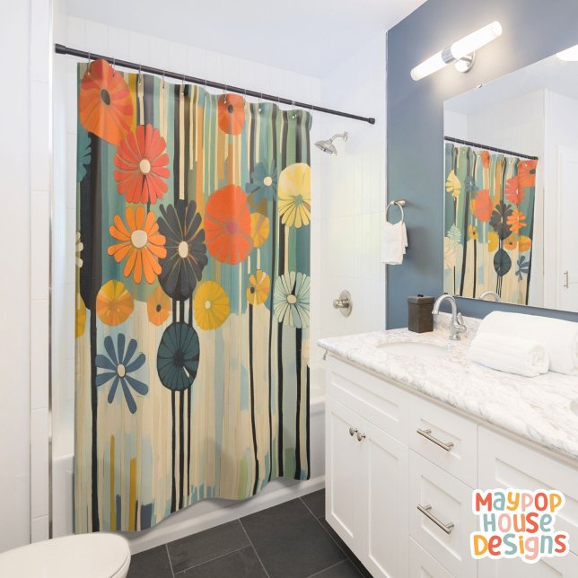 Retro Mid Century Modern Shower Curtain (mid century modern shower curtain bathroom decor)