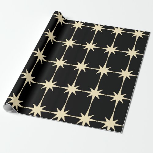 Retro Mid Century Modern Star Pattern Black Cream Wrapping Paper