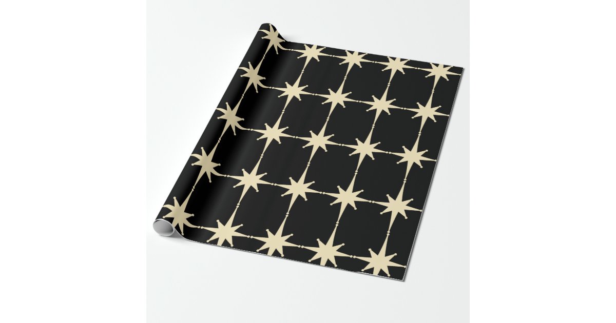 Retro Mid Century Modern Star Pattern Black Cream Wrapping Paper | Zazzle