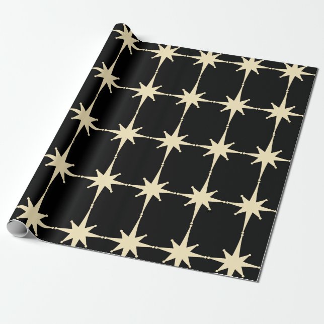 Retro Mid Century Modern Star Pattern Black Cream Wrapping Paper (Unrolled)