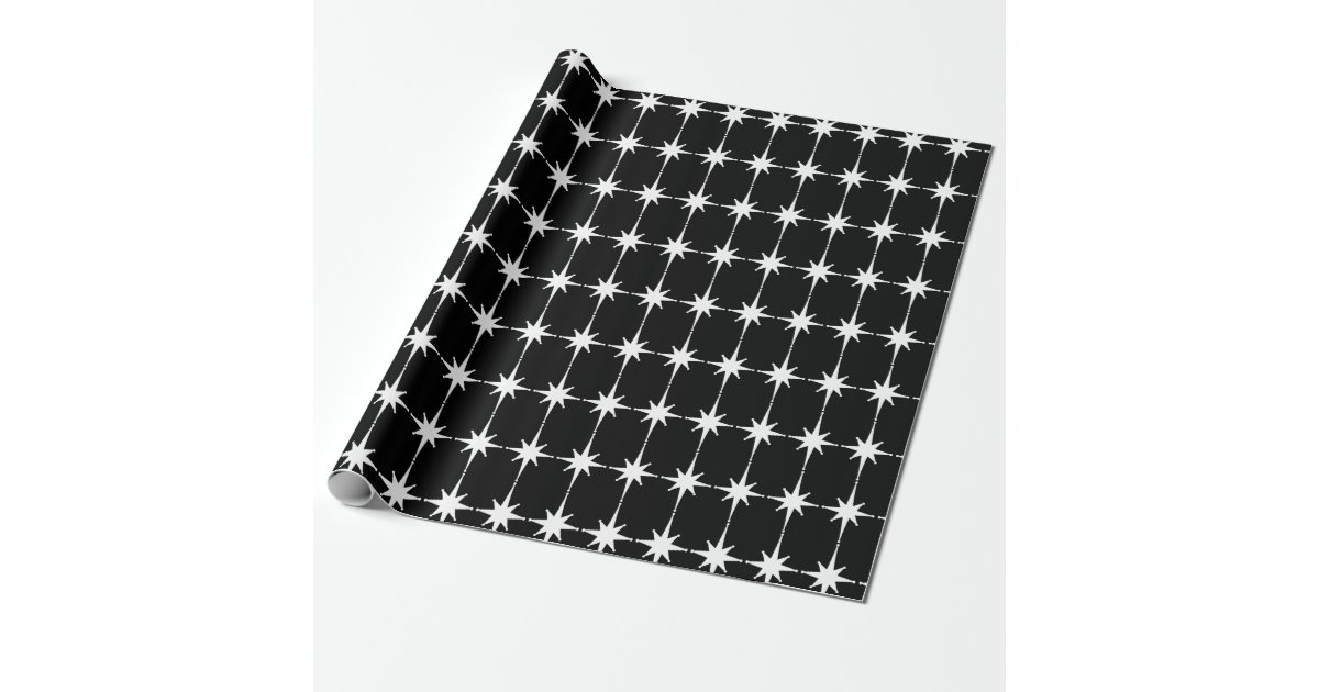 Retro Mid-century Modern Star Pattern Black White Wrapping Paper | Zazzle