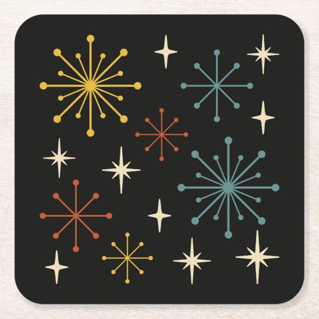 Retro Mid Century Modern Starburst Pattern Square Paper Coaster (Front)