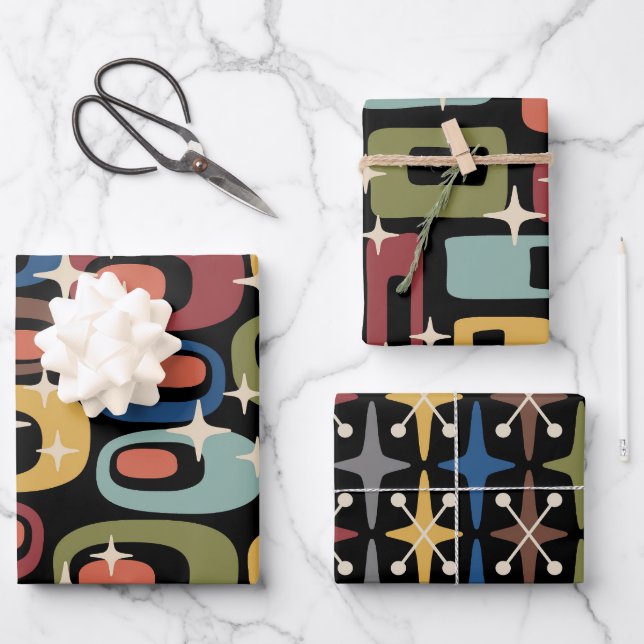 Retro Mid Century Modern Starburst patterns Wrapping Paper Sheets (Front)