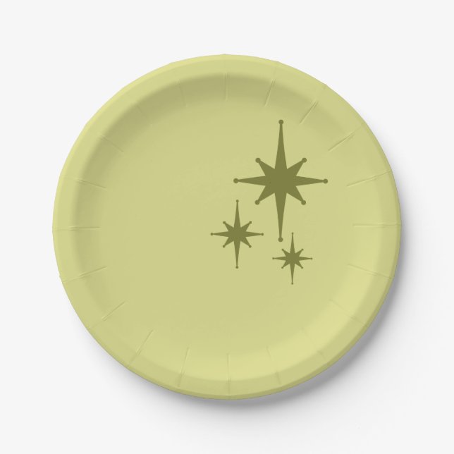 Retro Mid-century Modern Starburst Trio Olive Paper Plates (Front)