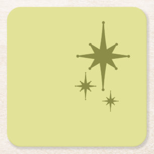 Retro Mid-century Modern Starburst Trio Olive Square Paper Coaster