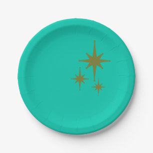 Retro Mid-century Modern Starburst Trio Teal Green Paper Plates