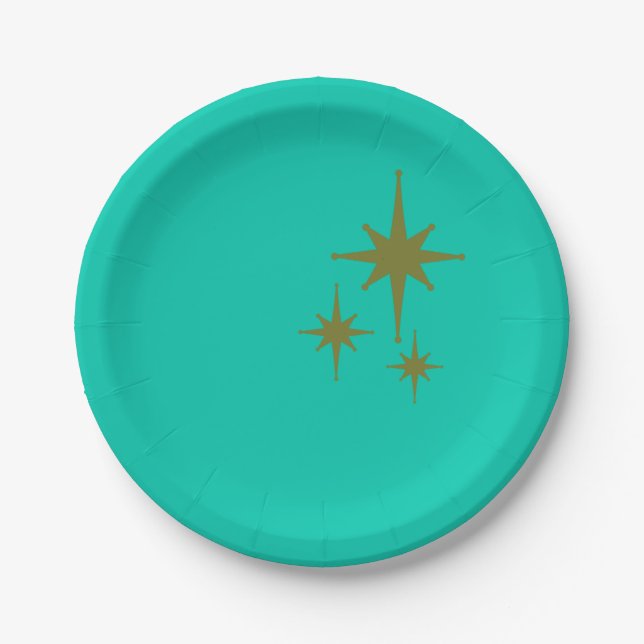 Retro Mid-century Modern Starburst Trio Teal Green Paper Plates (Front)