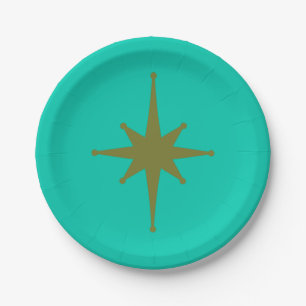 Retro Mid-century Modern Starburst Vintage Teal Paper Plates
