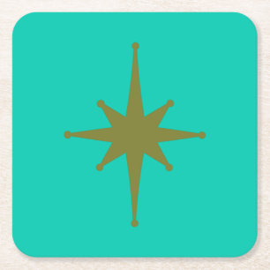 Retro Mid-century Modern Starburst Vintage Teal Square Paper Coaster