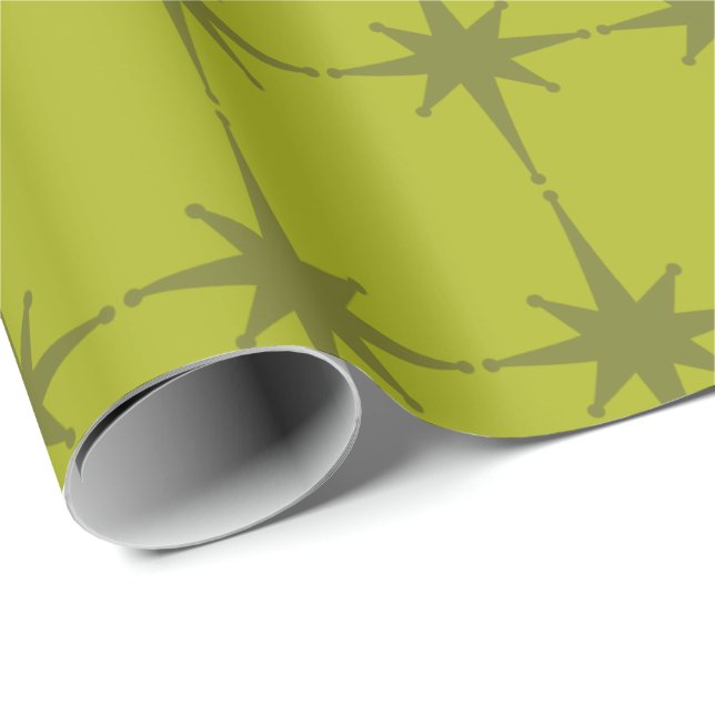 Retro Mid-century Modern Starbursts in Green Wrapping Paper (Roll Corner)
