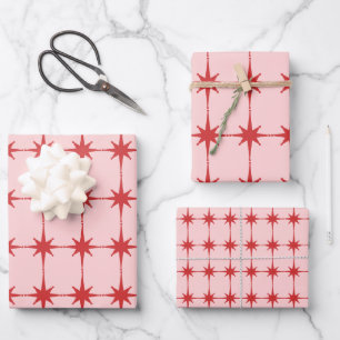 Retro Mid-century Modern Starbursts Red and Pink Wrapping Paper Sheets