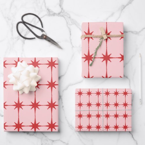 Retro Mid_century Modern Starbursts Red and Pink Wrapping Paper Sheets