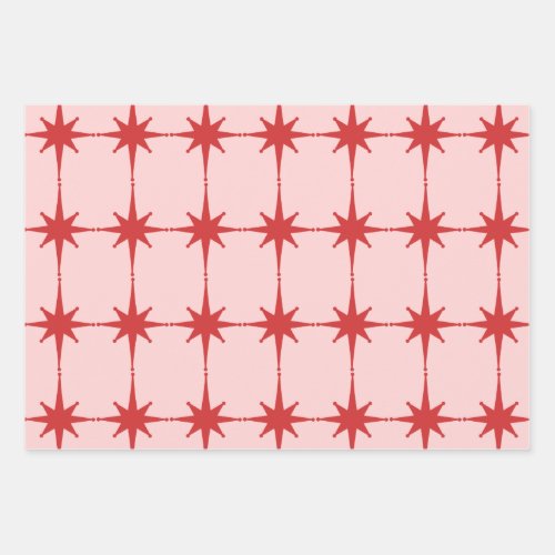 Retro Mid_century Modern Starbursts Red and Pink Wrapping Paper Sheets