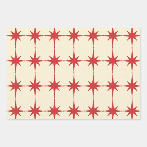 Retro Mid_century Modern Starbursts Red Cream Wrapping Paper Sheets