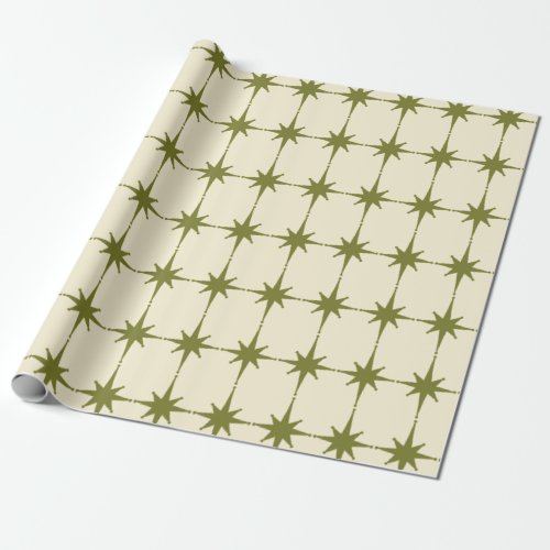 Retro Mid_century Modern Starbursts Vintage Green Wrapping Paper