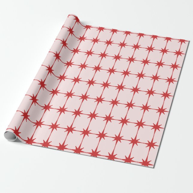 Retro Mid-century Modern Stars Red & Light Pink Wrapping Paper (Unrolled)