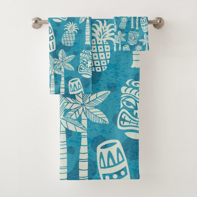 Retro Mid Century Modern Tiki Pattern Bath Towel Set (Insitu)