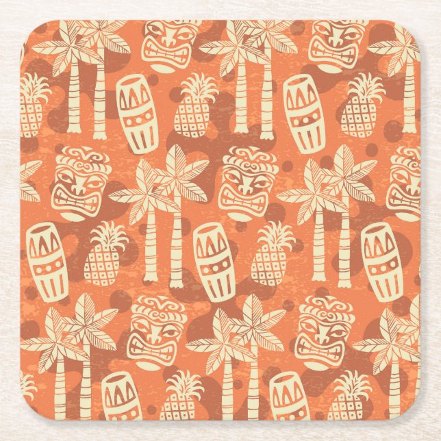 Retro Mid Century Modern Tiki Pattern Square Paper Coaster (Front)