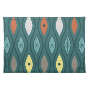 Retro Mid Century Modern Wavy Lines Teal Cloth Placemat