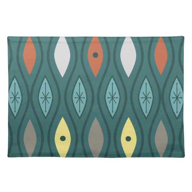 Retro Mid Century Modern Wavy Lines Teal Cloth Placemat (Front)