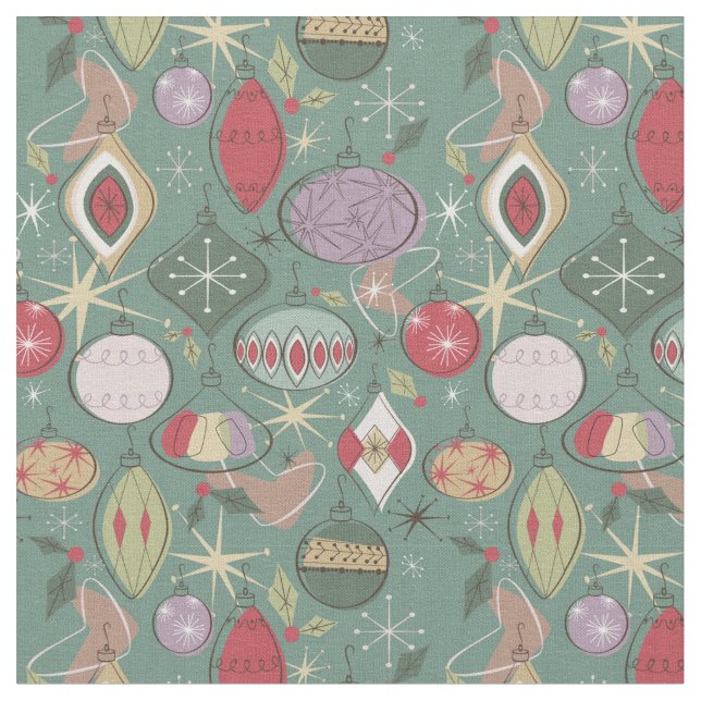Retro Mid Century Ornament Fabric, Green Fabric (Close Up)