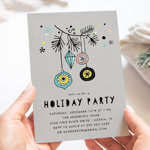 Retro Mid Century Ornaments Gray Holiday Party Invitation
