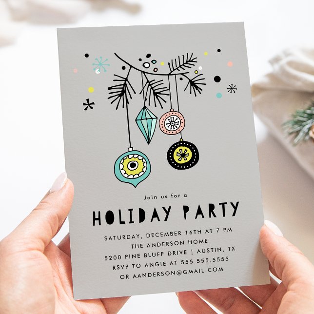 Retro Mid Century Ornaments Gray Holiday Party Invitation (Creator Uploaded)