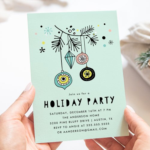 Retro Mid Century Ornaments Mint Holiday Party Invitation