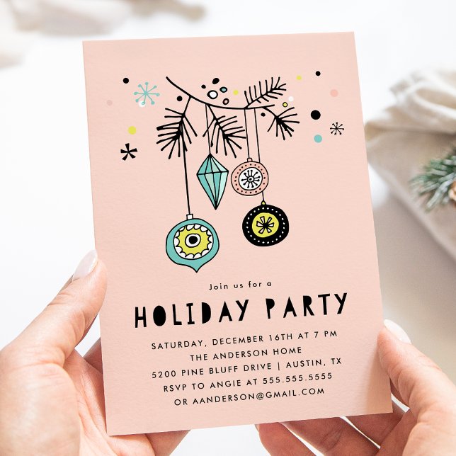 Retro Mid Century Ornaments Pink Holiday Party Invitation (Creator Uploaded)