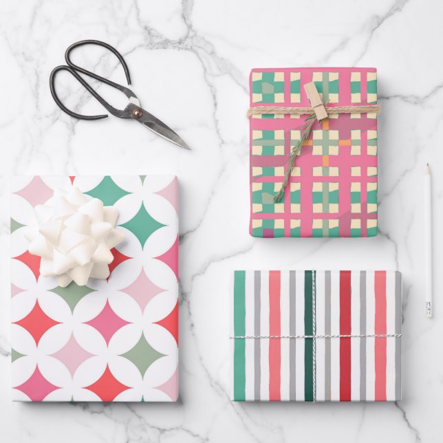 Retro Mid Century Pink Green Pattern Wrapping Paper Sheets (Front)