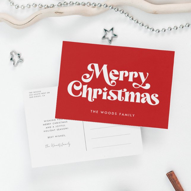 Retro Mid Century Red Merry Christmas Holiday Postcard (Creator Uploaded)