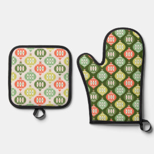 Retro Mid Century Red & Olive Green Christmas Oven Mitt & Pot Holder Set