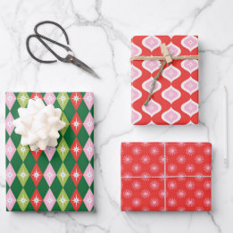 Retro Mid Century Red, Pink & Green Christmas Wrapping Paper Sheets