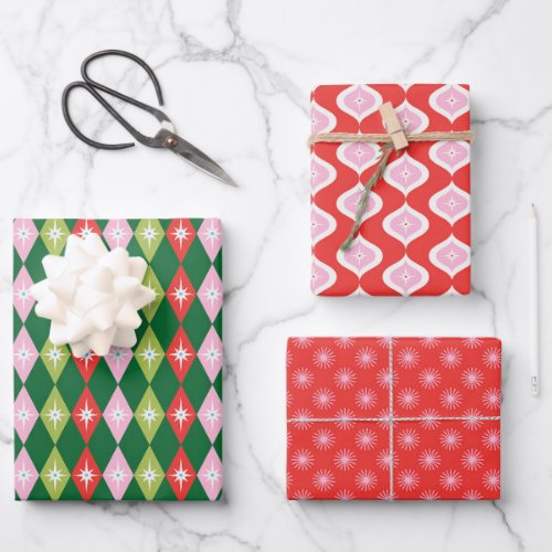 Retro Mid Century Red Pink  Green Christmas Wrapping Paper Sheets