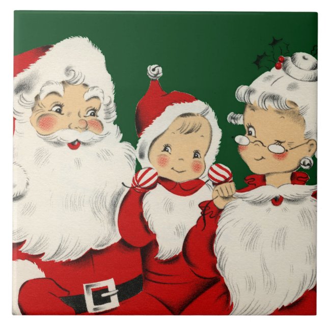 Retro Mid-Century Santa Family – Kitsch Claus Ceramic Tile (Front)