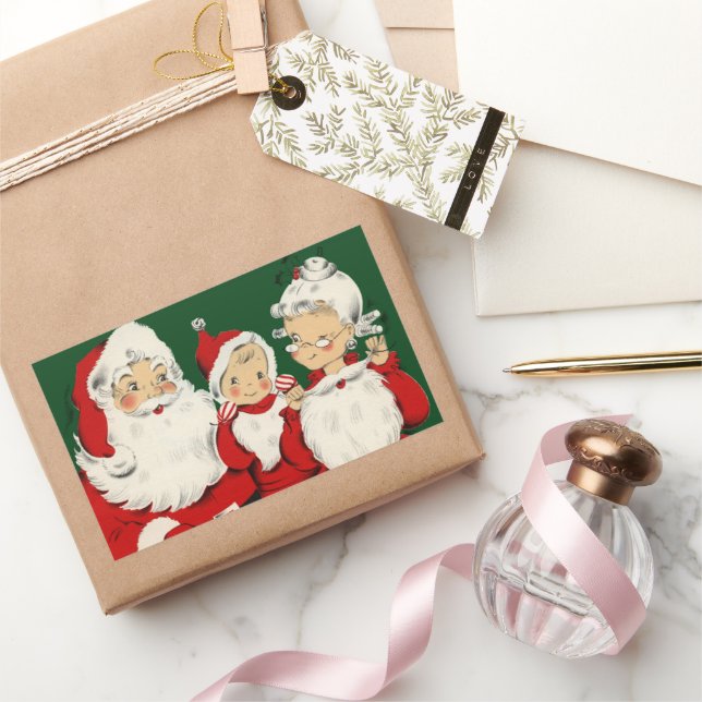 Retro Mid-Century Santa Family – Kitsch Claus Rectangular Sticker (Gifting)