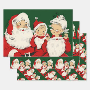 Retro Mid-Century Santa Family – Kitsch Claus Wrapping Paper Sheets