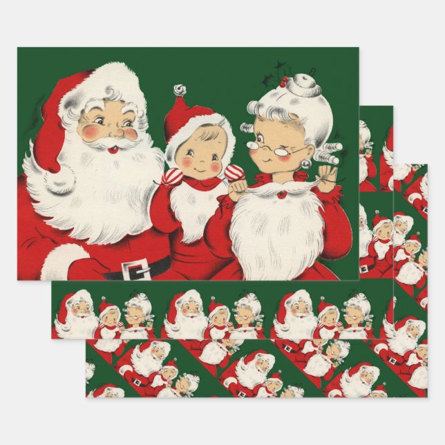 Retro Mid-Century Santa Family – Kitsch Claus Wrapping Paper Sheets (Set)
