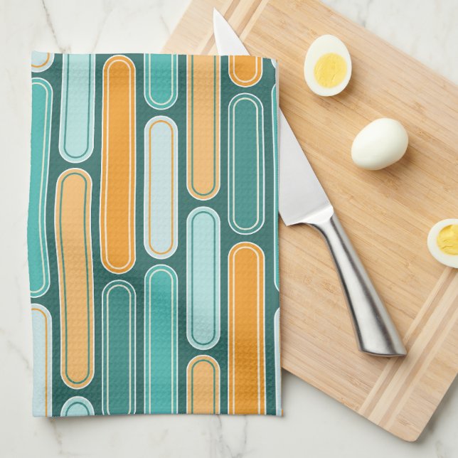 Retro Mid Century Stripes Aqua, Teal, Orange Kitchen Towel (Quarter Fold)