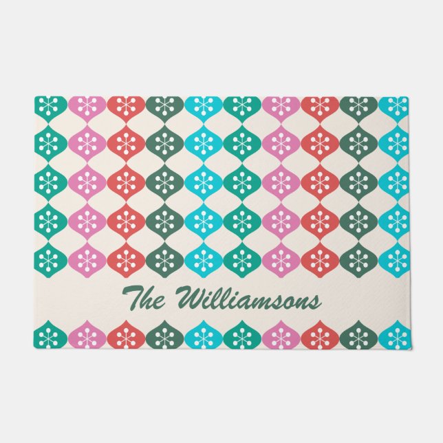 Retro Mid Mod Atomic Holiday Pattern Personalized  Doormat (Front)