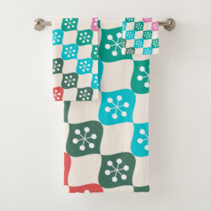 Retro Mid Mod Atomic Pattern Colorful Christmas Bath Towel Set