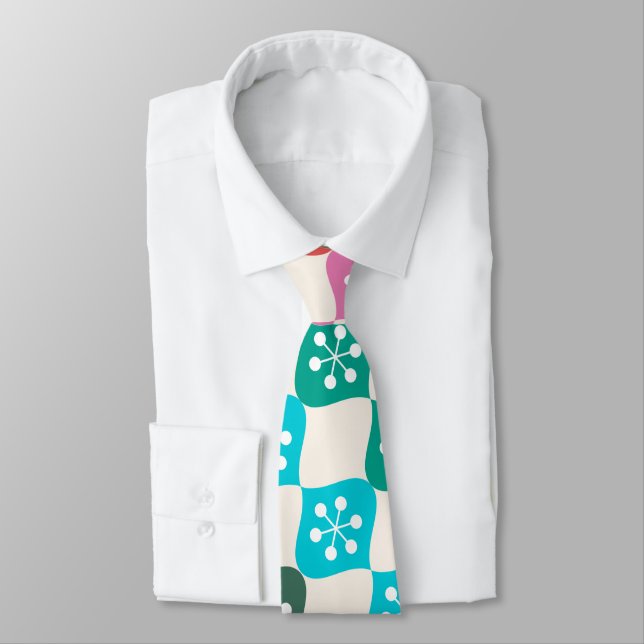 Retro Mid Mod Atomic Pattern Colorful Christmas Neck Tie (Tied)