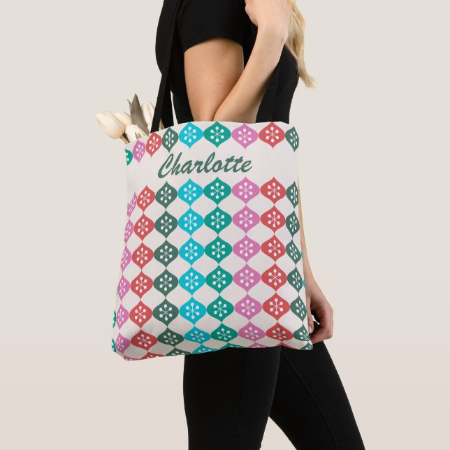 Retro Mid Mod Atomic Pattern Colorful Personalized Tote Bag (Close Up)