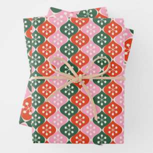 Retro Mid Mod Atomic Pattern Pink Green Christmas Wrapping Paper Sheets