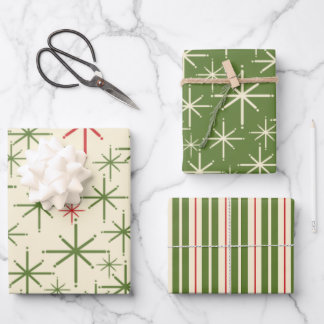 Retro Mid Mod Christmas Patterns Olive Red Cream Wrapping Paper Sheets