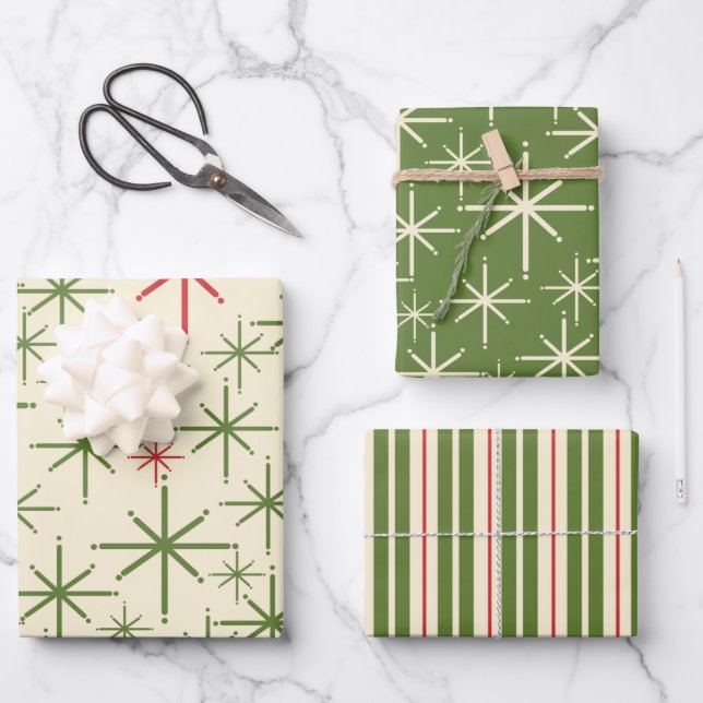 Retro Mid Mod Christmas Patterns Olive Red Cream Wrapping Paper Sheets (Front)